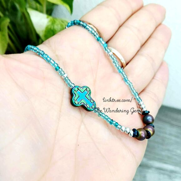 Dainty Plated Hematite Beaded Necklace, Minimalist Gemstone Jewelry, 16" - Picture 4 of 6